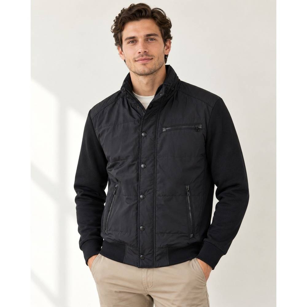 Polo Ralph Lauren Black Mixed Media Bomber Jacket Men's M Zip Snap Moto Style